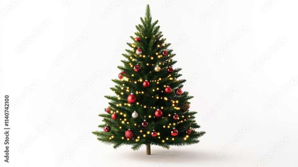 Christmas tree decorated with ornaments and festive lights isolated on white. Festive Christmas tree with lights and ornaments Christmas tree decorated with ornaments and festive lights isolated on white. Festive Christmas tree with lights and ornaments