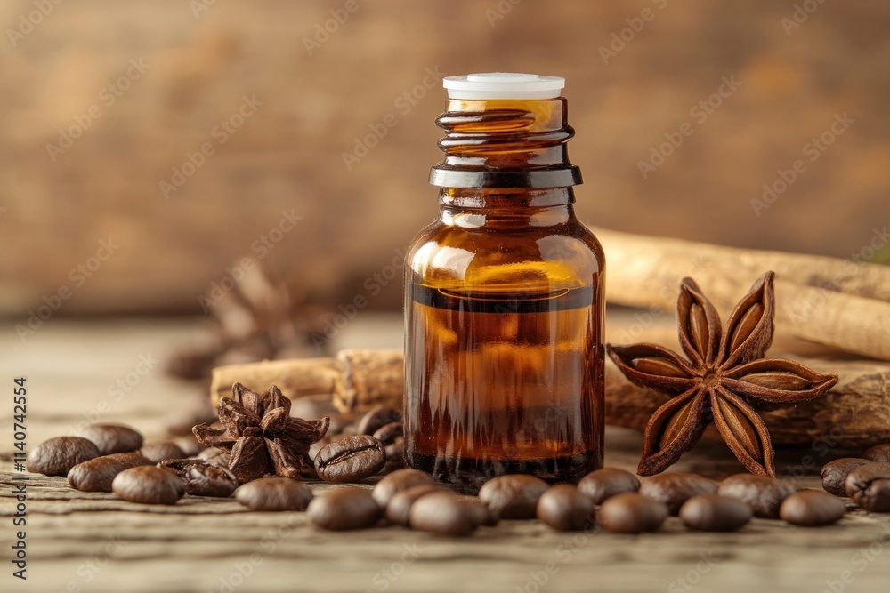 Amber bottle of essential oil with coffee beans, cinnamon, and star anise. Amber bottle of essential oil with coffee beans, cinnamon, and star anise.