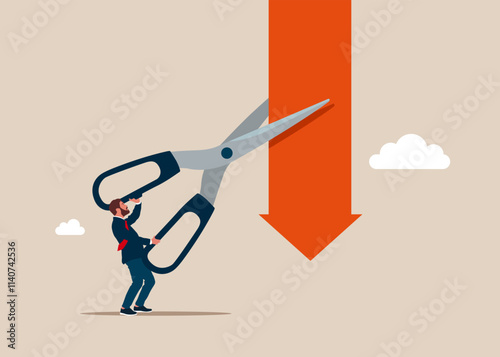 Businessman uses scissors to cut down arrow with scissors. Survive investment crash, crisis or recession, pushing back or effort to win business challenge, economic recession. Vector illustration