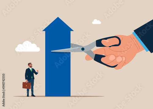 Hand uses scissors to cut up arrow with scissors. Business decline, competition. Modern vector illustration in flat style