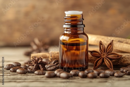 Amber bottle of essential oil with coffee beans, cinnamon, and star anise.