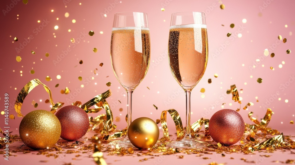 Congratulations on the New Year 2025. 2 glasses of champagne, golden streamers and golden Christmas balls on a pink background Congratulations on the New Year 2025. 2 glasses of champagne, golden streamers and golden Christmas balls on a pink background