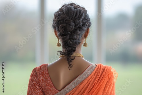 Artistic back view of an Indian woman, her saree flowing naturally, crafted for cultural storytelling. photo