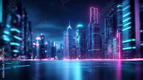 Fototapeta Naklejka Na Ścianę i Meble -  Futuristic city skyline at night with glowing neon lights and reflective water in a sci-fi urban landscape