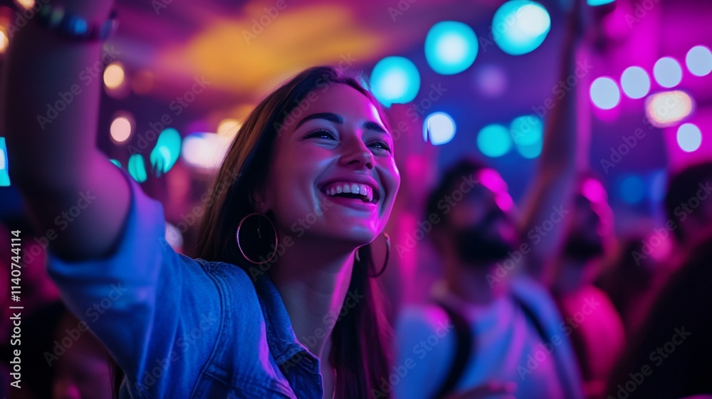 Happy woman enjoying a concert with friends, vibrant lighting, cheering crowd. Happy woman enjoying a concert with friends, vibrant lighting, cheering crowd.