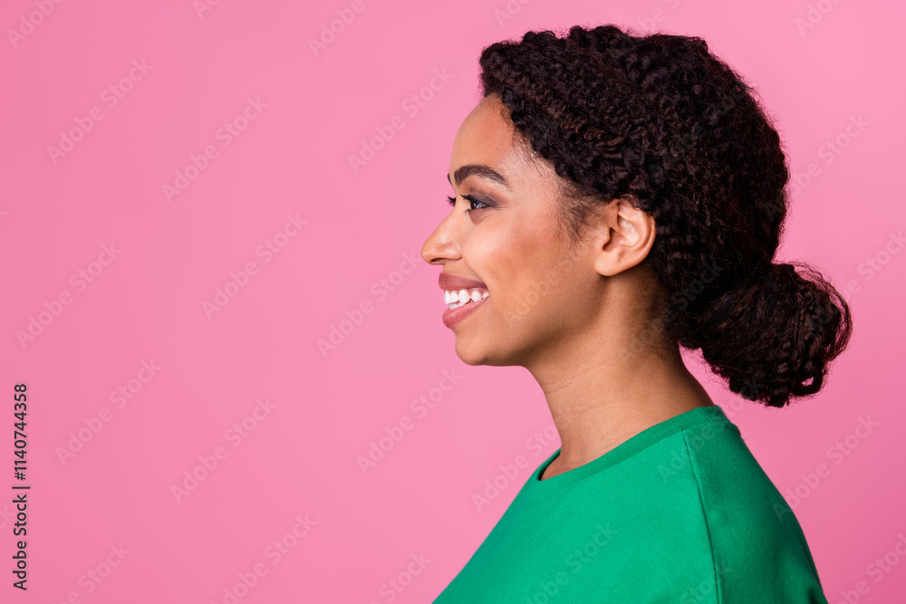 Photo portrait of lovely young lady profile look empty space dressed stylish green garment isolated on pink color background Photo portrait of lovely young lady profile look empty space dressed stylish green garment isolated on pink color background