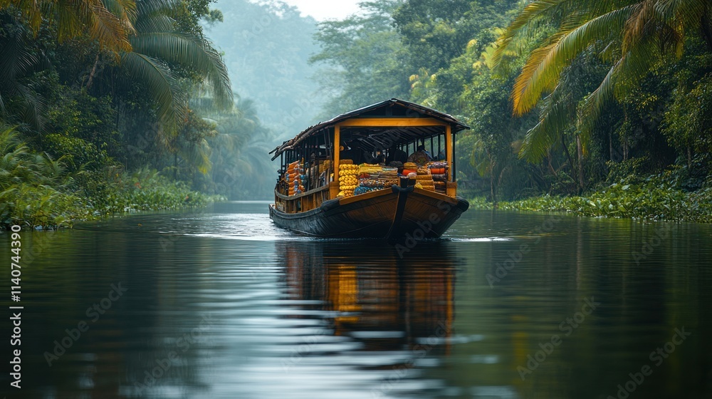 Boat Traveling Through Lush Green Jungle Boat Traveling Through Lush Green Jungle
