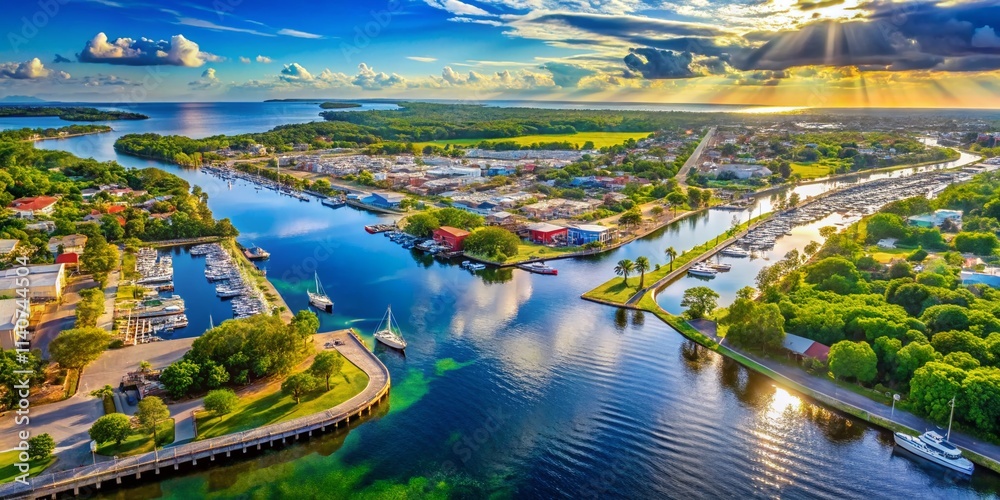 Fototapeta premium Tarpon Springs Florida Aerial Map Landscape, Scenic Coastal Cityscape, Beautiful Spring Water, Anclote River, Sponge Docks, Florida Nature Photography