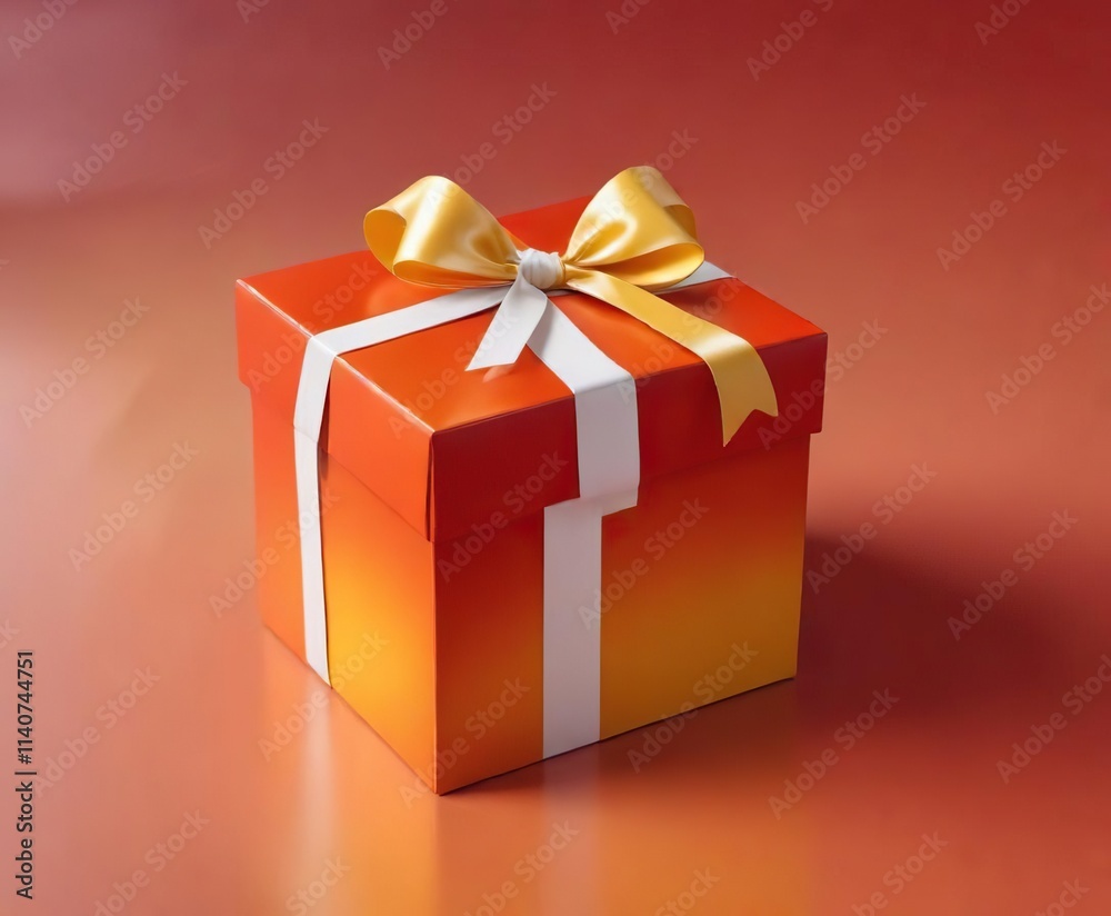Fototapeta premium Bright orange to yellow gradient on a red gift box with a white ribbon, gradient effect, festive gift