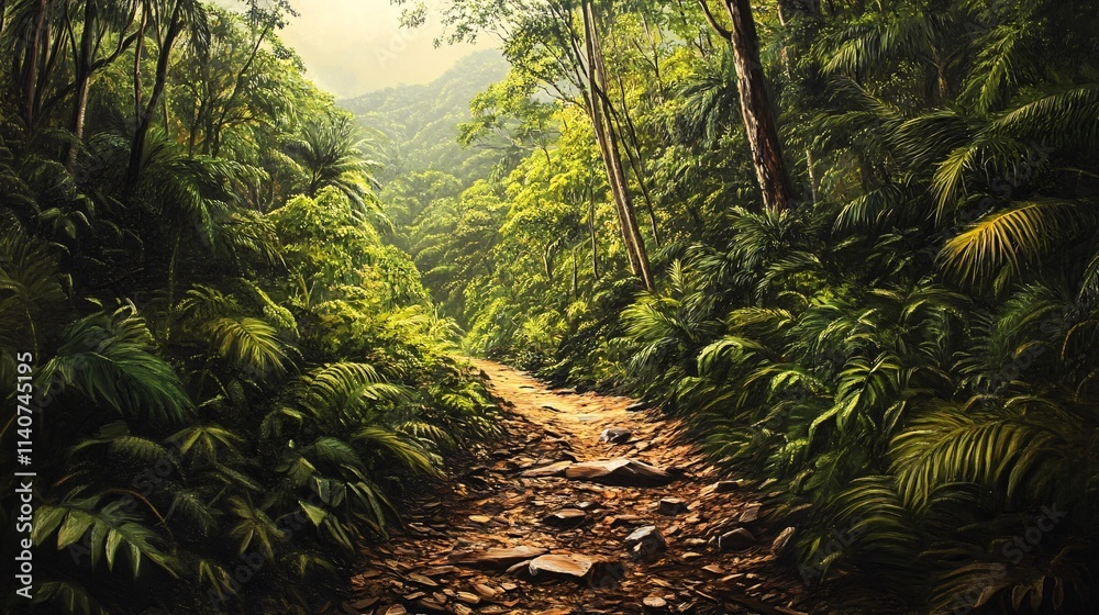 Fototapeta premium A serene jungle pathway invites exploration through lush green foliage and rocky terrain.