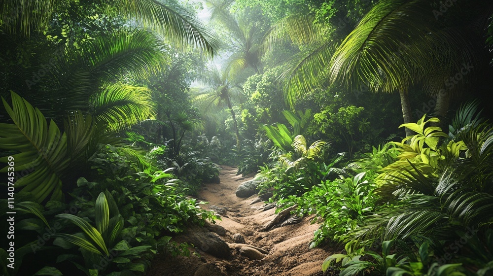Fototapeta premium Lush green jungle path surrounded by vibrant tropical foliage and soft sunlight filtering through the leaves.