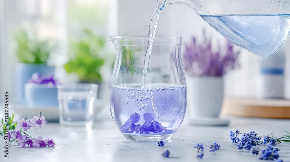 healthy water filtration pitcher in a bright kitchen, with clean water being poured from it into a glass healthy water filtration pitcher in a bright kitchen, with clean water being poured from it into a glass