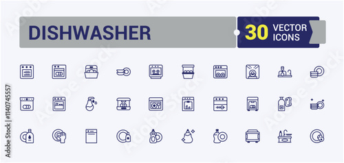 Dishwasher vector line icon set. Featuring sink, hand, machine, tableware, service, room, plate, sponge. Simple icon designs. Outline and solid pictogram.