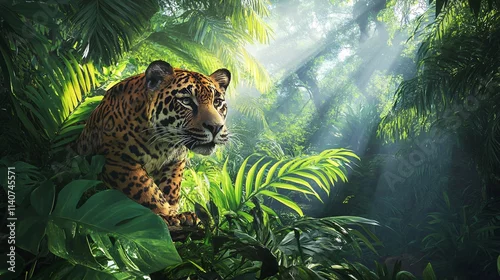 Fototapeta samoprzylepna A majestic jaguar poised among lush green foliage in a vibrant jungle, illuminated by soft sunlight.