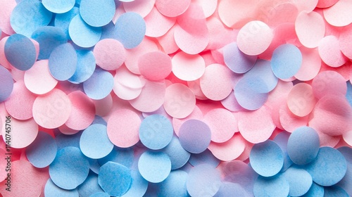 Pink and blue confetti circles background.