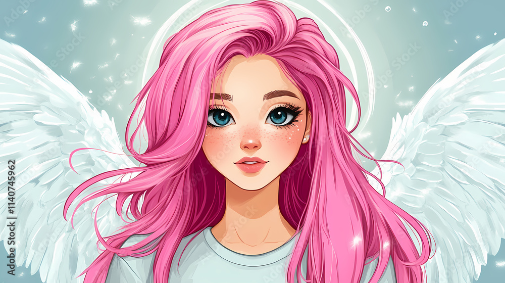 Adorable animestyle angelic girl with pink hair, halo, and white wings. Seraphic. Illustration Adorable animestyle angelic girl with pink hair, halo, and white wings. Seraphic. Illustration