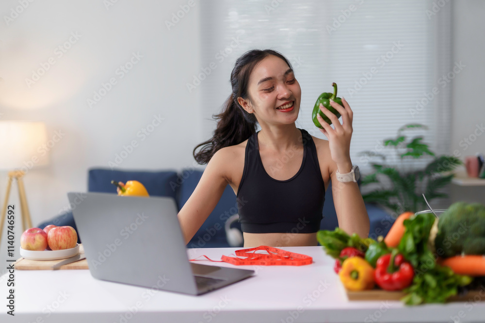 Asian nutritionist holding a green bell pepper while creating online content about healthy eating and weight loss using her laptop Asian nutritionist holding a green bell pepper while creating online content about healthy eating and weight loss using her laptop