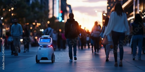 Small robot navigating a busy city street at sunset, surrounded by pedestrians.