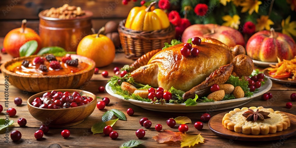 Thanksgiving Tilt-Shift: Golden Turkey, Pies & Cranberries - Autumn Harvest Background