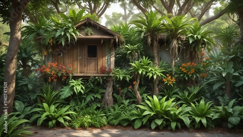 Bee house in a garden with staghorn ferns and large leaves growing in clusters, beehouse, photo