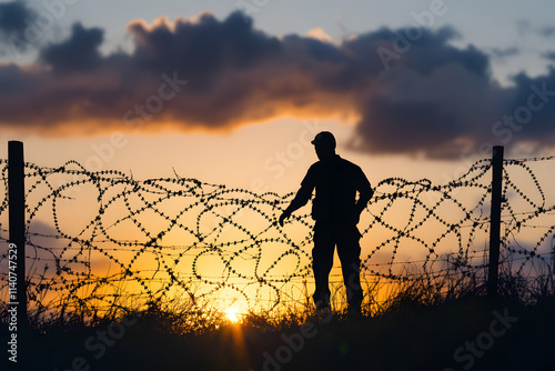 Soldier silhouette near barbed wire fence at sunset, military border security, dramatic sky, golden hour, guarding the perimeter, symbolic protection and separation