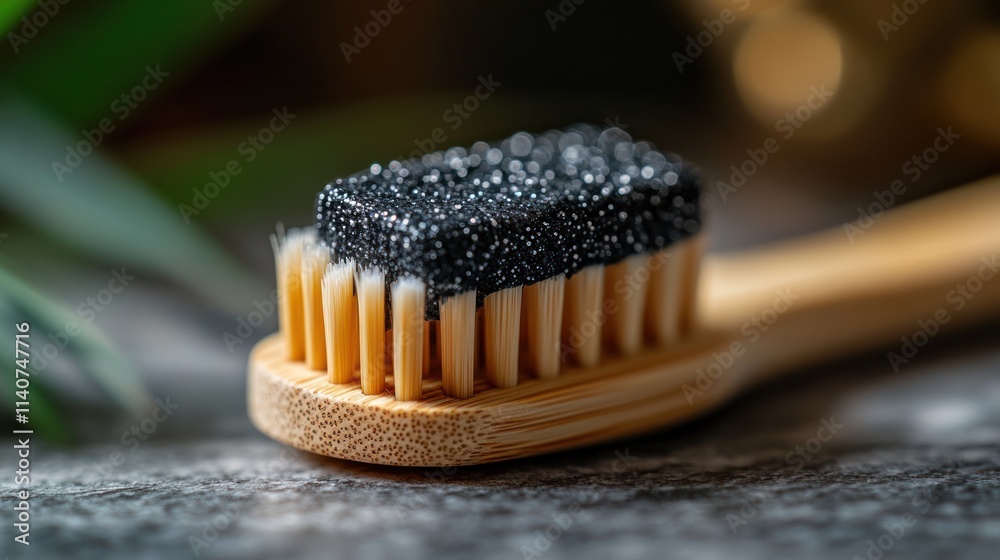Close-up of bamboo toothbrush with dark gray toothpaste. Close-up of bamboo toothbrush with dark gray toothpaste.