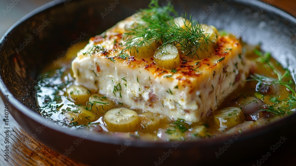 Baked feta cheese with herbs and pickled vegetables in a dark bowl. Baked feta cheese with herbs and pickled vegetables in a dark bowl.