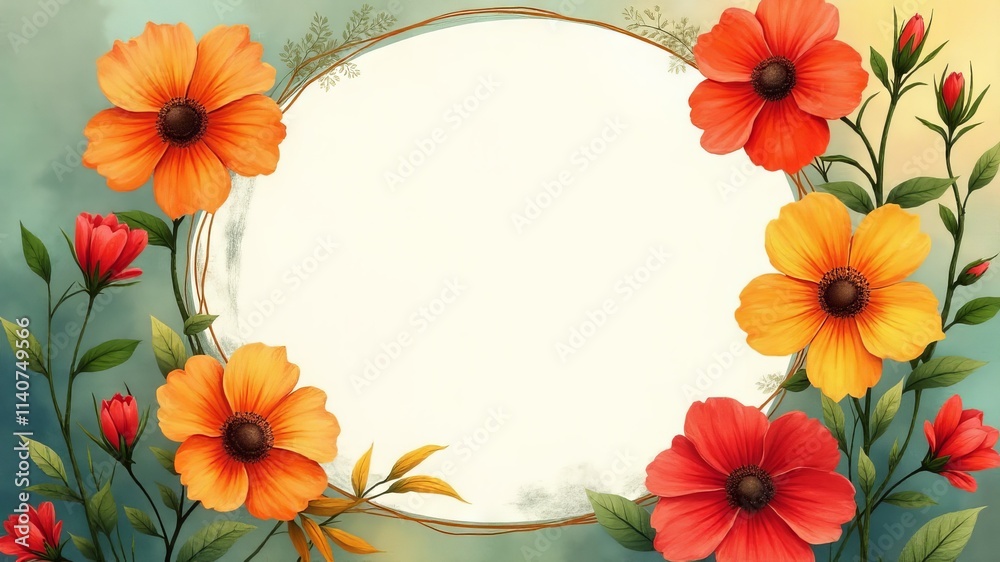 Obraz premium Artistic greeting card with a blank text area surrounded by textured brushstrokes of autumn leaves in warm orange red and gold