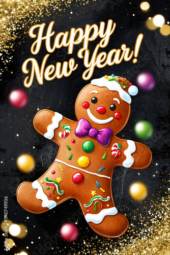 Cute joyful gingerbread man in glaze on a black background with gold sequins, greeting card, text 