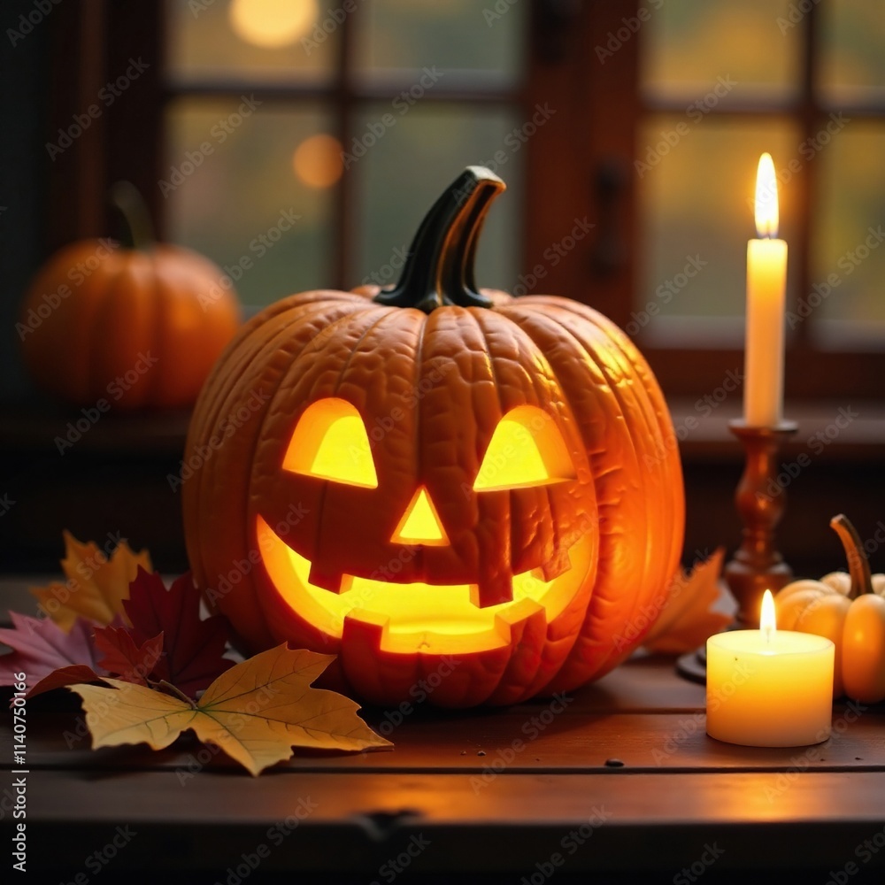 Obraz premium Carved pumpkin with lit candles on a wooden table, harvest, fall