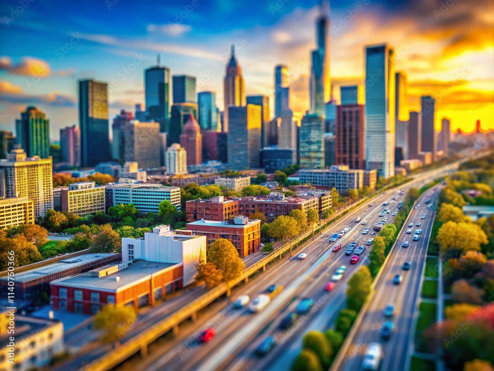 Fototapeta premium Tilt-Shift Miniature Cityscape Line Photography, Urban Skyline, Miniature World, Architectural Lines, Perspective, Diorama, Street Photography, Linear Perspective, Geometric Lines, City Lines