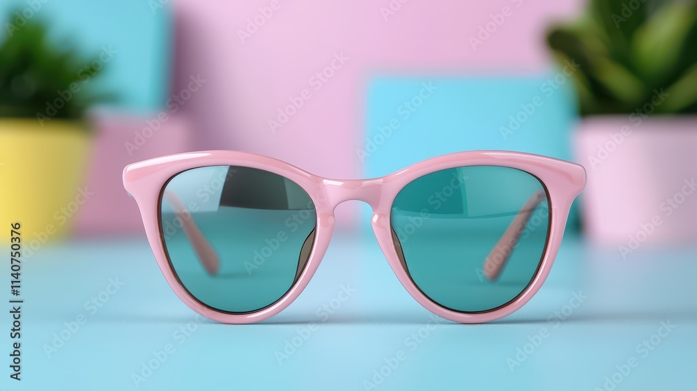 A stylish pair of pink sunglasses with teal lenses, set against a colorful background with potted plants, embodying a fun and vibrant aesthetic. A stylish pair of pink sunglasses with teal lenses, set against a colorful background with potted plants, embodying a fun and vibrant aesthetic.