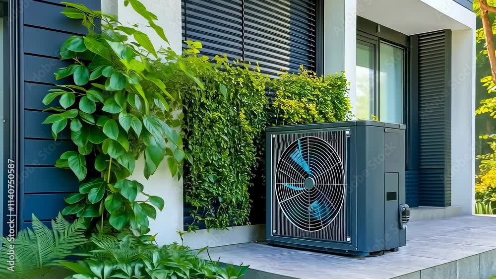custom made wallpaper toronto digitalAn outdoor heat pump unit installed next to a modern house surrounded by lush greenery. Features vibrant plants and a contemporary building design, reflecting eco-friendly energy solutions and modern