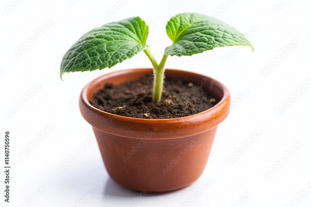 Tilt-Shift Miniature Cucumber Seedling in Pot, White Background, Closeup, Macro Photography Tilt-Shift Miniature Cucumber Seedling in Pot, White Background, Closeup, Macro Photography