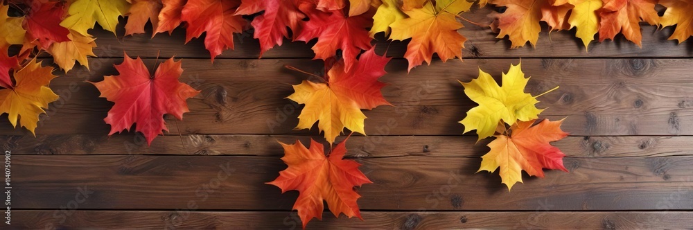 Colorful Maple Leaves on Brown Wood Background, branches, tree Colorful Maple Leaves on Brown Wood Background, branches, tree