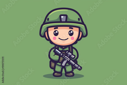 Cute army soldier cartoon vector icon illustration, full image, flat cartoon style with brown background