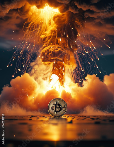 Crypto currency market, gold bitcoin in front of a cinematic explosion, crypto boom, digital investment, finance, crypto, bitcoin hype, market boom, high bitcoin price, all time high, market peak