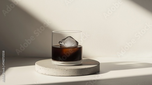 A glass of black cold brew coffee with a single large ice cube, resting on a concrete coaster, minimalist aesthetic with a smooth white background and soft light 