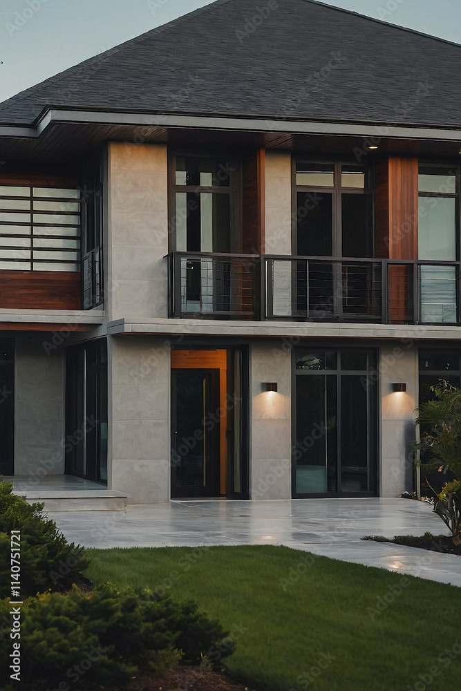 Two-story modern house with gray concrete exterior, dark roof, large windows, balcony, and exterior lighting. Landscaped lawn and patio visible. Two-story modern house with gray concrete exterior, dark roof, large windows, balcony, and exterior lighting. Landscaped lawn and patio visible.