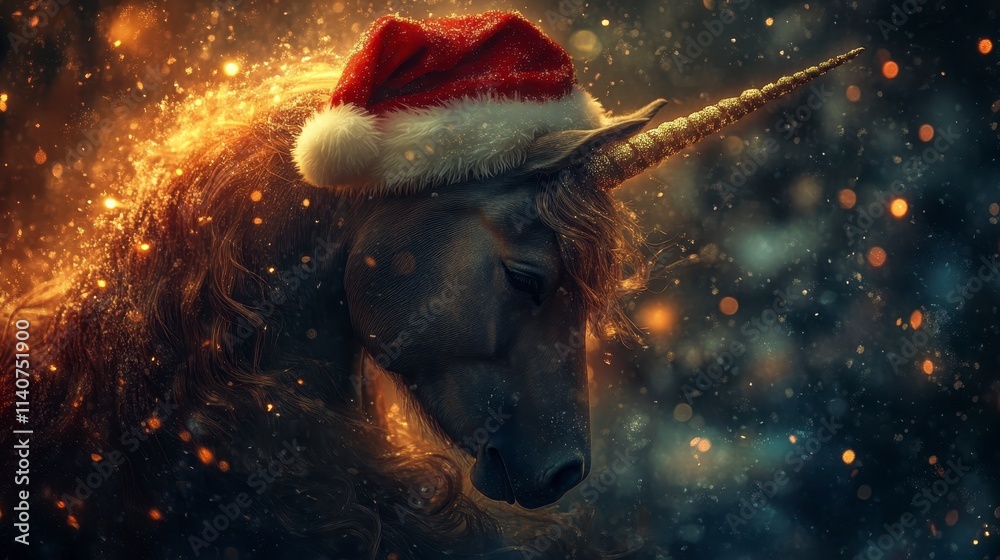 A unicorn adorned with a festive Santa hat, surrounded by a magical, sparkling atmosphere, evokes a whimsical holiday spirit. A unicorn adorned with a festive Santa hat, surrounded by a magical, sparkling atmosphere, evokes a whimsical holiday spirit.