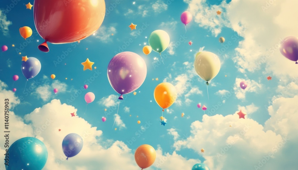 Colorful Balloons Floating in a Blue Sky with White Clouds Colorful Balloons Floating in a Blue Sky with White Clouds
