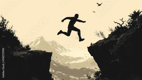 Silhouette of a man leaping across a gap between two hills, mid-air as he jumps over a cliff, courage and determination. Chasm. Illustration photo