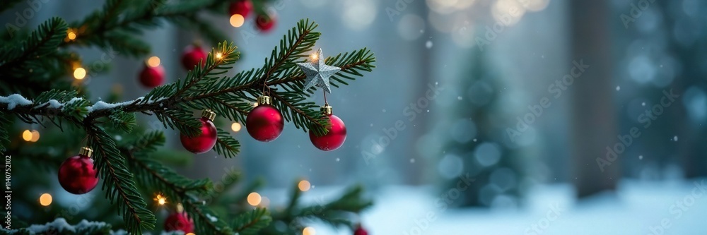 Dark brown pines branch with silver star Christmas tree topper and mistletoe, forest scenery, icy landscape, mistletoe Dark brown pines branch with silver star Christmas tree topper and mistletoe, forest scenery, icy landscape, mistletoe