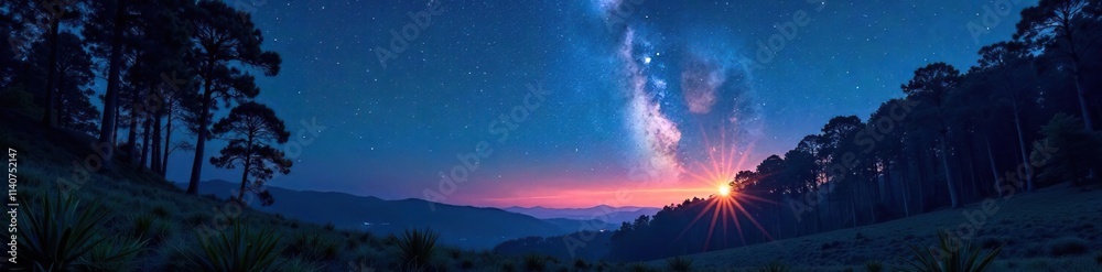 Naklejka premium Dark forest landscape under starry summer sky, Twilight, Nature, Summer