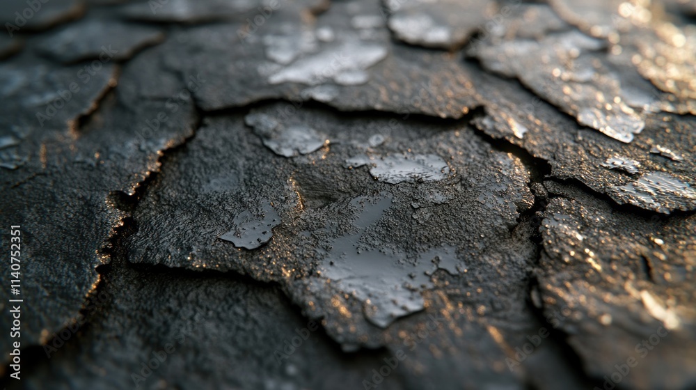 Close-up of cracked, dark, textured surface with metallic sheen. Close-up of cracked, dark, textured surface with metallic sheen.