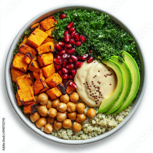 Vibrant and Nutritious Quinoa Bowl with Roasted Sweet Potato, Chickpeas, Avocado and Pomegranate photo