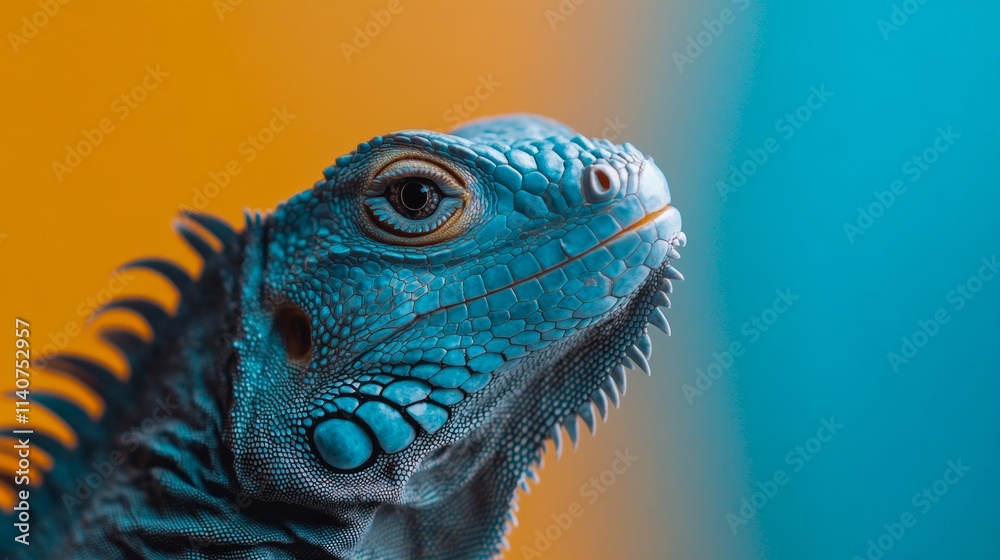 Fototapeta premium A close-up of a striking blue iguana, its spiky scales glowing under a bright two-tone backdrop split between vivid orange and serene teal hues.