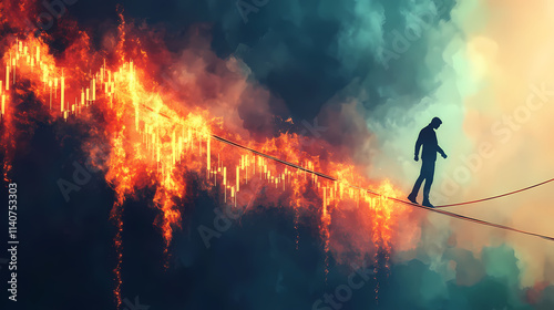 Tightrope walker crossing a chasm of burning stock graphs, risky finance, precarious economic strategies. Chasm. Illustration