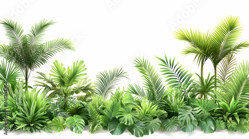 Lush Tropical Foliage, Palm Trees, Ferns, and Exotic Plants Flourish Abundantly in a Vibrant Green Paradise