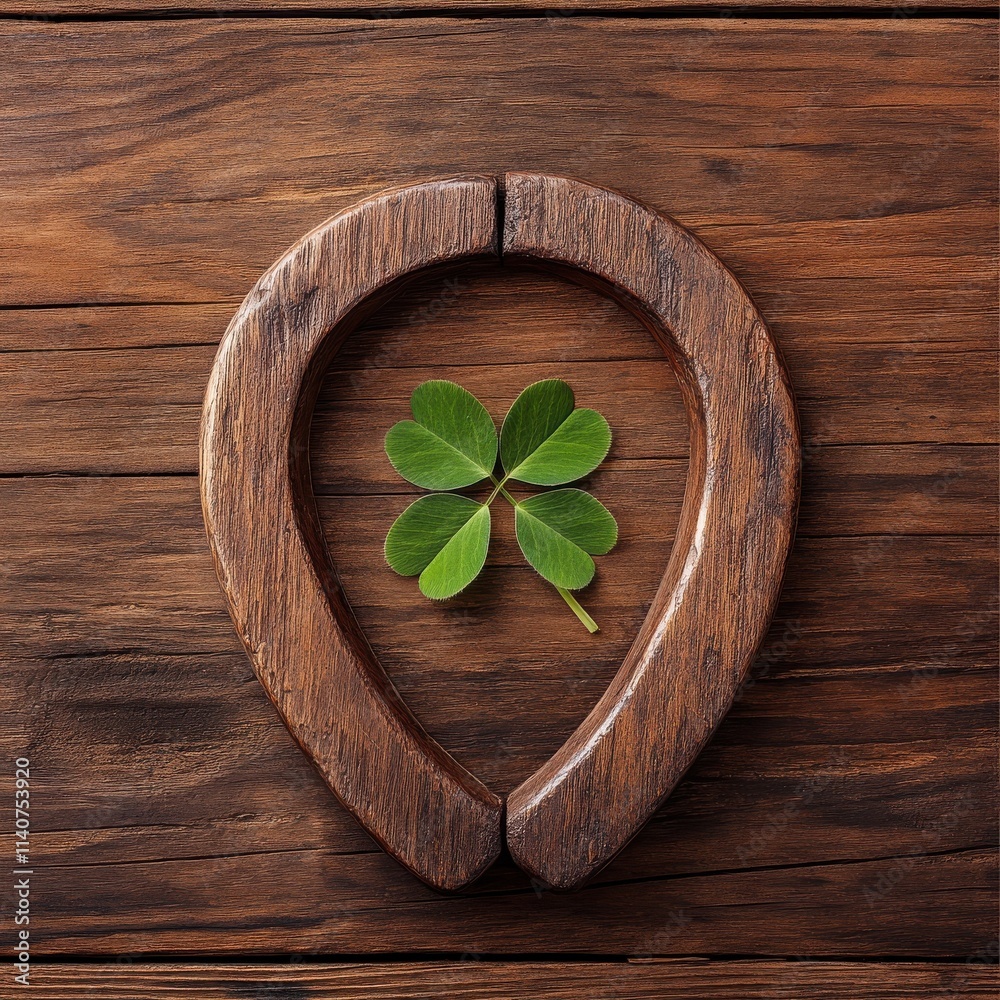Horseshoe with lucky clover - 2024 greeting card horseshoe on wooden background - happy new year greetings, wishes